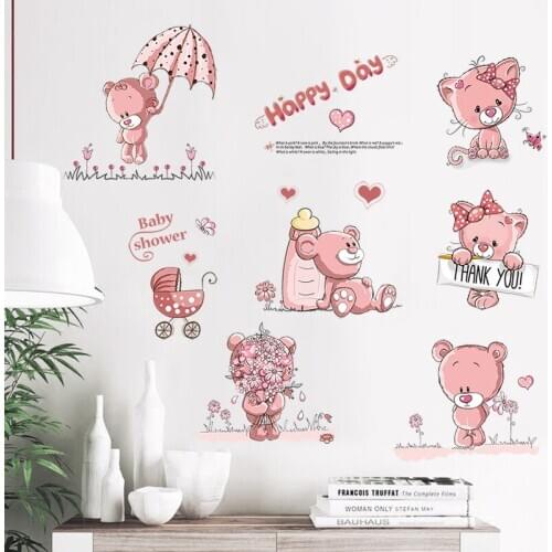 Happy Pink Bears Wall Stickers Cartoon Animal Home Decor for Kids Rooms Bedroom Living Room Removable Art Decals Mural