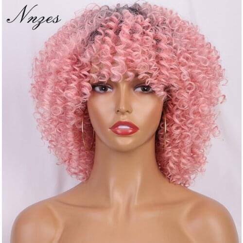 AISI HAIR 14inches Afro kinky Curly Wig Ombre Black Pink Wig With Bangs Heat Resistant Fiber Synthetic Long Wigs for Women