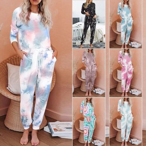 Autumn Womens Sexy Pajamas Casual Loose Loose Tie-dye Printed Home Service 2-piece Long-sleeved Trousers Split Jacquard Pajamas