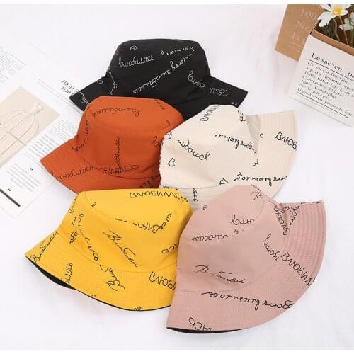 Bucket Hat Women English Letters Double Side Cotton Reversible Sun Protection Cap Men Panama Hat Fisherman Hats