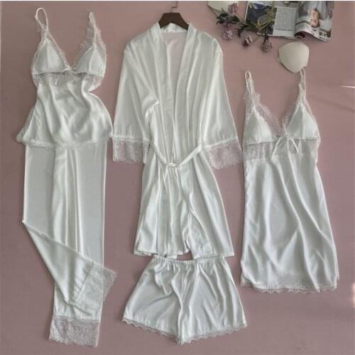 Spring Sexy Women Lace Trim Satin Pajamas Gown Set V-Neck Cami Nighties Pijama 5/4/3/2/1Pcs Homewear Nightwear Nightdress