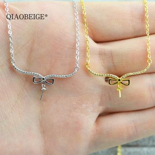QIAOBEIGE Fashion Pearl Necklace Mountings, 925 silver bowknot Necklace Pendant Findings, Chain Settings Jewelry Parts accessory