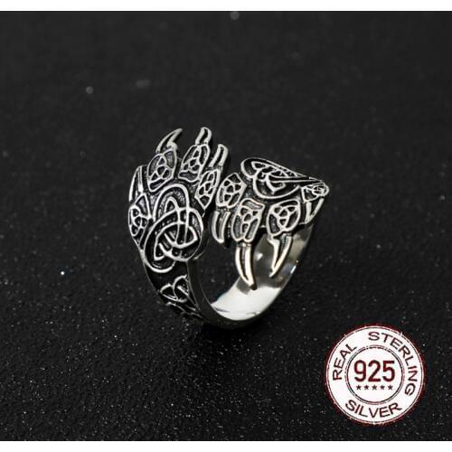 925 sterling silver Viking Celtic knot Bear claw adjustable ring as gift with vintage wood viking box