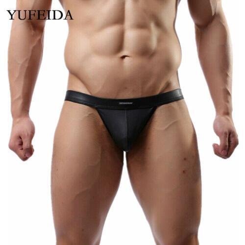 YUFEIDA Sexy Mens Thongs G-string Underwear PU Leather Low-Rise Underpants U convex Jockstrap Male Gay Sissy Panties Lingerie