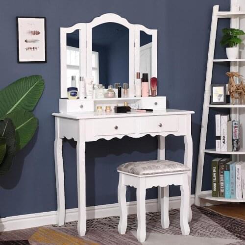 Modern Bedroom Furniture European Style Dressers Table Dressing Table With Stool And Three-fold Mirror (3 Mirrors 4 Drawers) HWC
