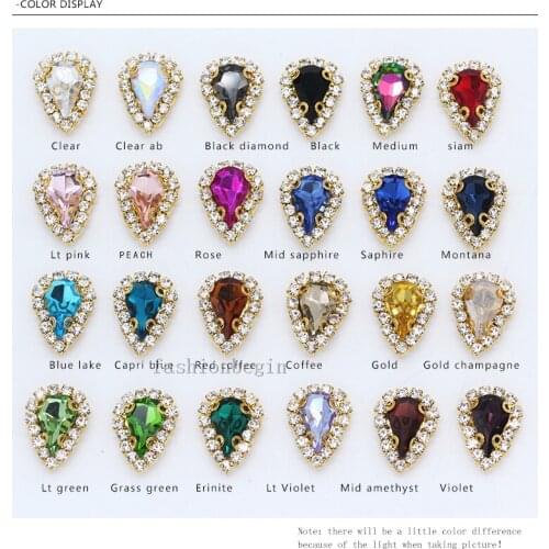 20p 8x13mm Teardrop sew on glass stone Flatback crystal sewing rhinestones Gold plated chain Trim base button beads for clothes