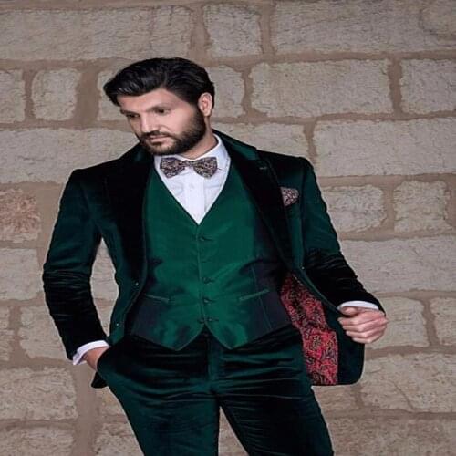 Dark Green Shawl Collar Velvet Men Suits 2019 (Jacket+Pant+Vest) Bespoke Plus Size Latest Designs Terno Masculino Fashion Cool