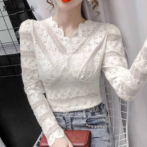 Vintage White Shirts Spring Casual Puff Sleeve Tops Hollow Out V-neck Female Shirts Korean Crochet Lace Sexy Blouse Blusas 12626