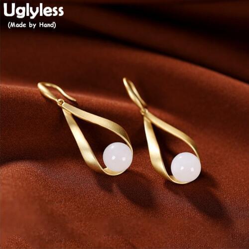 Uglyless Carved Water Drop Women Dress Earrings Real 925 Silver Fine Brincos Jewelry Natural Jade Gems Statement Earrings E1839