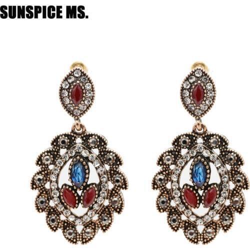 Exquisite Turkish Round Bronze Drop Earrings For Women Antique Gold Color Resin Dangle Earrings Ethnic Wedding Jewelry 2018 New