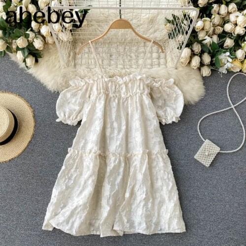 Women Off Shoulder Strap Dress Korean Sweet Puff Sleeve Solid A-line Dress Summer Casual Fashion Vacation Short Dress