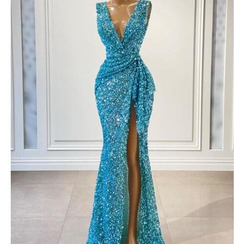 Blue Robe De Soiree Mermaid Deep V-neck Sequins Sparkle Slit Sexy Long Prom Dresses Prom Gown Evening Dresses