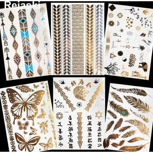 Chains Lion Golden Metallic Temporary Tattoo Stickers Chinese Character Girls Arm Waterproof Tatto Women Wrist Flash Tattoo Leaf