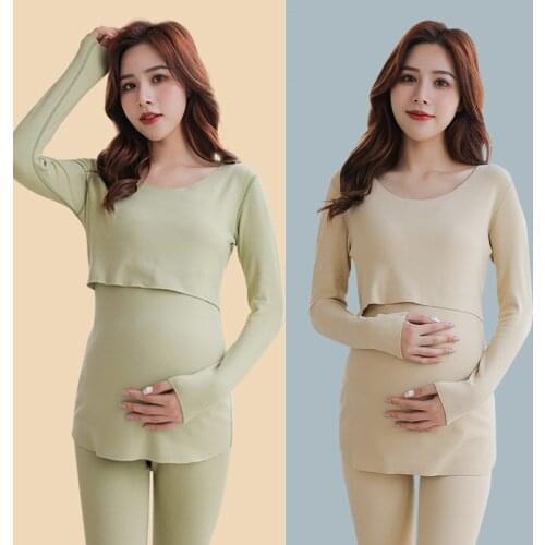 2 PCs/Set Soild Maternity Sleepwear Pregnant Women Clothes Thermal Underwear Autumn Winter Thickening Pregnancy Nursing Pajamas