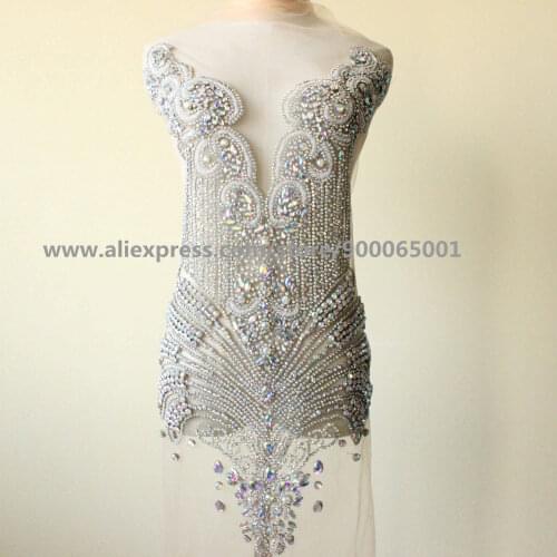 Sparkle AB crystal Beaded Bodice Rhinestone Applique Sewing crystal bodice Evening Dress patch Prom Wedding Dress Panels