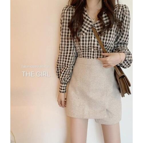 Blouse Women Retro Plaid Autumn Doll Collar Long Sleeve Lantern Sleeve Shirt Short Top Blusas Mujer De Moda