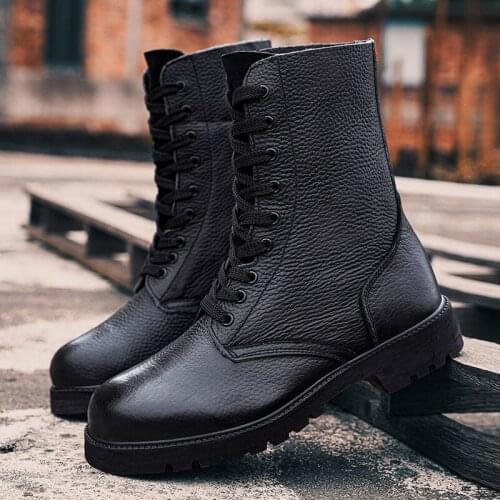 Black Motorcycle Boots Mens Genuine Leather Casual Shoes Men Tactical Military Boots Botas Militares Non-slip Work Safety Shoes