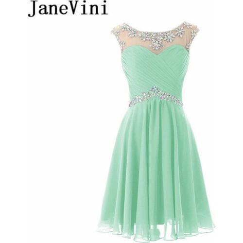 JaneVini 2019 Mint Short Homecoming Dresses With Crystals Illusion Chiffon Prom Gowns Bead Open Back Grade 8 Graduation Dresses