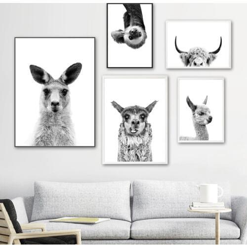 Kangaroo Sloth Alpaca Black White Nordic Animal Posters And Prints Wall Art Canvas Painting Kids Wall Pictures For Living Room