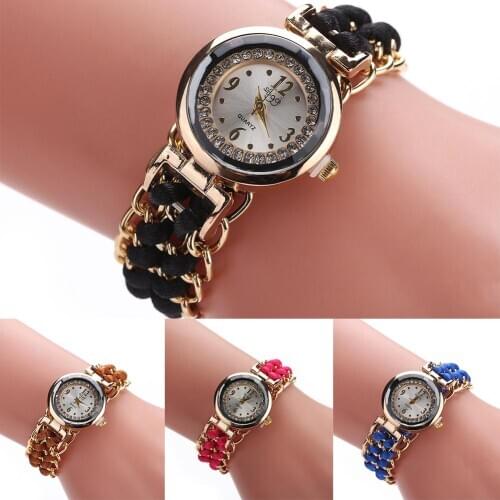 Fashion Women Rhinestone Braided Rope Band Bracelet Quartz Analog Wrist Watch Ladies Dress Watches Gift Luxury