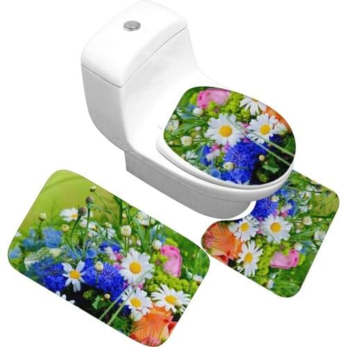 Modern Printed Bathroom Rug Set 3 Piece Water Absorbent Mat 3D Floral Printed Carpet for Bathroom Shower Non Slip Mat Toilet Rug