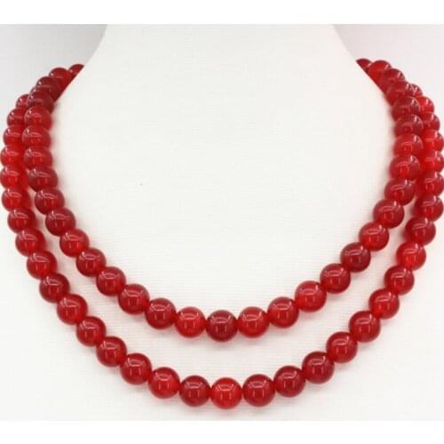 Natural stone red jades chalcedony round beads 10mm long chain necklace for women prom party gifts elegant jewelry 34inch B3210
