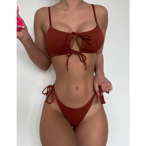 2021 New Sexy Lace Up Bikini Ribbed Swimwear Women Swimsuit Female Brazilian Bikini Set Solid Bather Bathing Suit Beachwear Swim