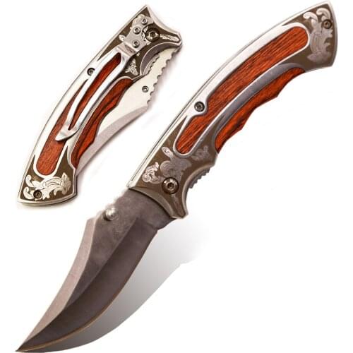 210 Mm (8.3 Inches) 57HRC Hunting Folding Knife, 5Cr15Mov Stainless Steel Blade, Wooden Handle, Outdoor Survival Pocket Knife