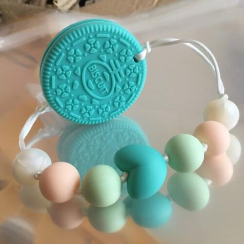 Wholesales 10pcs/lot BPA Free Silicone Biscuit Teether pacifier Clip necklace for baby chew ,Cookies Teether Clip necklace