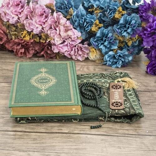 Gift Wooden Bookshelf and Quran Rahul, Prayer Rug, Rosary, Quran, Bracket Package - Green Set FREE SHİPPİNG