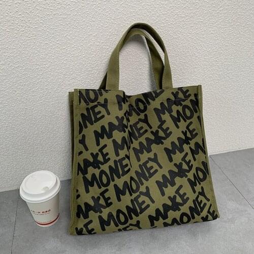 Hylhexyr Portable Handbag Army Green Girl Schoolbag Letter Printed Shopping Bags Women Canvas Cotton Casual Tote For Ladies
