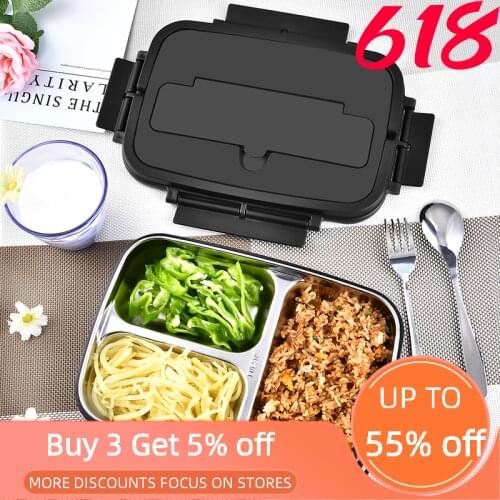 Portable 304 Stainless Steel Bento Box with 3 Compartments Lunch Box Leakproof Microwave Heating Food Container Tableware Adults