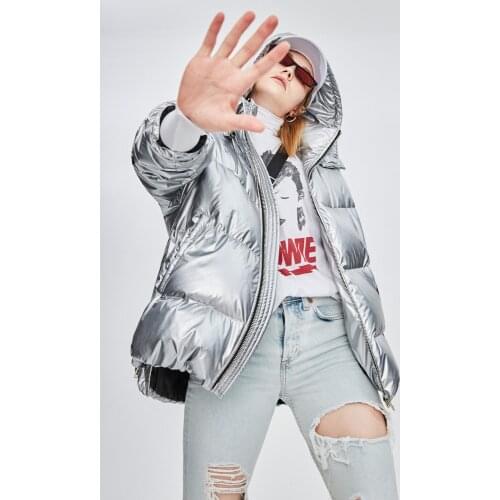 Down jacket womens long 2018 new silver bright hooded loose thickened bread clothing white duck down jacket
