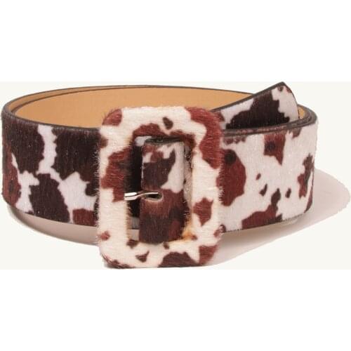 Fashion New Fashion Women Waist Belts Brown White Cows Print Suede Wide Female Belt Metal Pin Buckle Woman Waistband