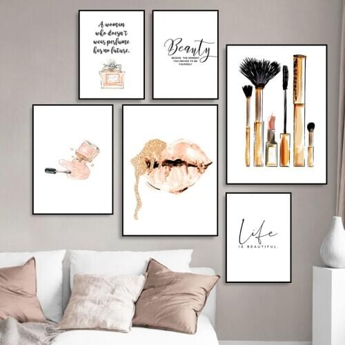 Pink Makeup Prints Beauty Life Quote Canvas Art Painting Girl Comestics Posters Wall Picture Modern Girl Room Home Decor HD3134