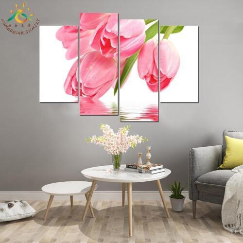 Pink Thirsty Flower Painting Prints and Posters Canvas Painting Wall Art Pictures Modern Art Home Decor for Living Room 4 panels