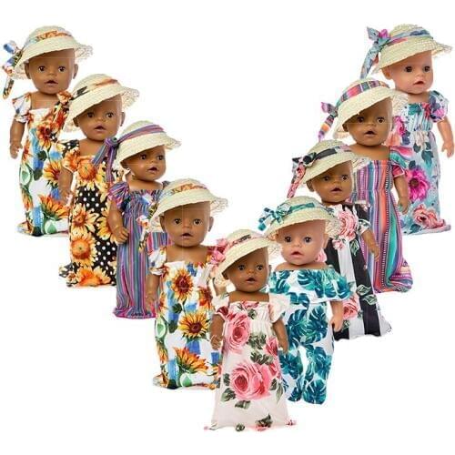 2019New Straw hat + dress Doll Clothes Fit For 43cm baby Doll clothes reborn Doll Accessories