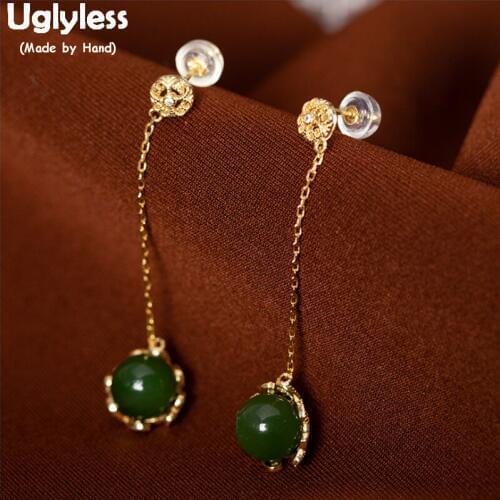 Uglyless Real 925 Sterling Silver Thin Chains Earrings for Women Luxury Party Dress Earrings Jasper Balls Brincos Jewelry E1370