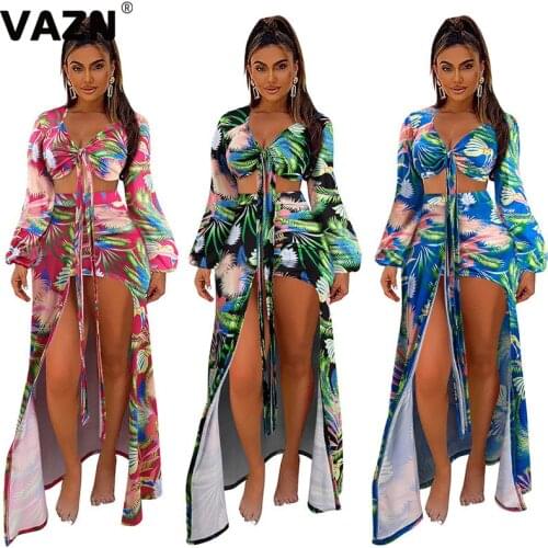 VAZN 2021 Top Quality Bohemian Sexy Holiday Chiffon Retro Print Young Full Sleeve Group Maxi Skirts Slim Women 2 Piece Set