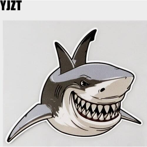 YJZT 15.6CM×12.9CM Toothy Smiling White Shark Swimming PVC Decal Car Sticker 11C-0117
