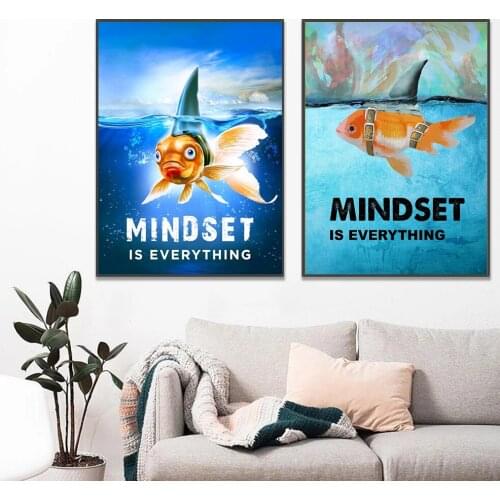 Goldfish pretending to be a shark Funny Poster Mindset Is Everything Motivation Print Wall Art Picture Canvas Painting Decor