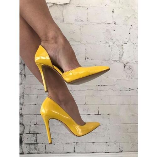 Moraima Snc Yellow Patent Leather High Heel Shoes Woman Sexy Pointed Toe Pumps Cutouts Thin Heels Party Dress Heels