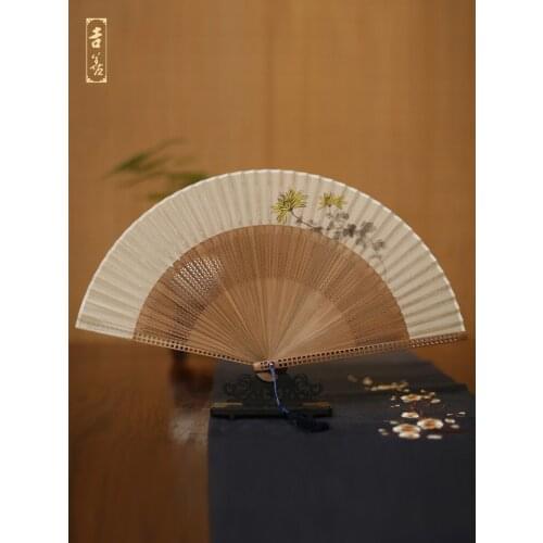 Ancient Style Narrow Edge Gradient Silk Folding Fan Hand-Painted Female Portable Summer Fan Hollow out Bamboo Fan Hanfu Tassel