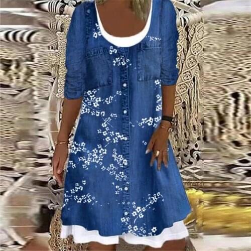 Womens New Loose Fashion Printed Fake Two-Piece Dress Casual Imitation Denim Long-sleeved Autumn Dress Elegant Chic Party Dress