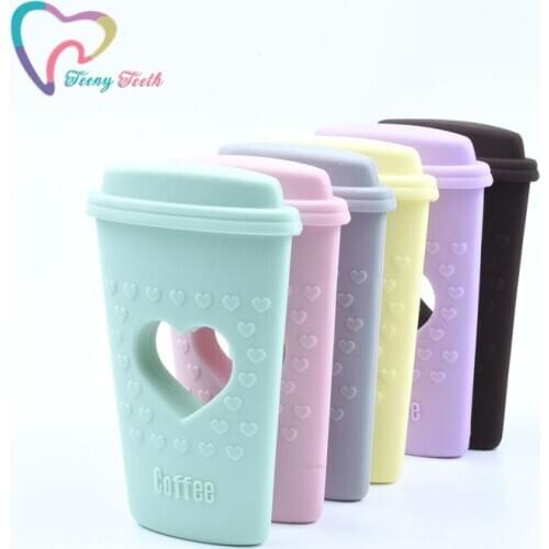 2 PCS Coffee Cup Heart Teether Materials Food Grade Silicone BPA Free Baby Teething Necklace Oral Care Coffee Cup Pendant Toys