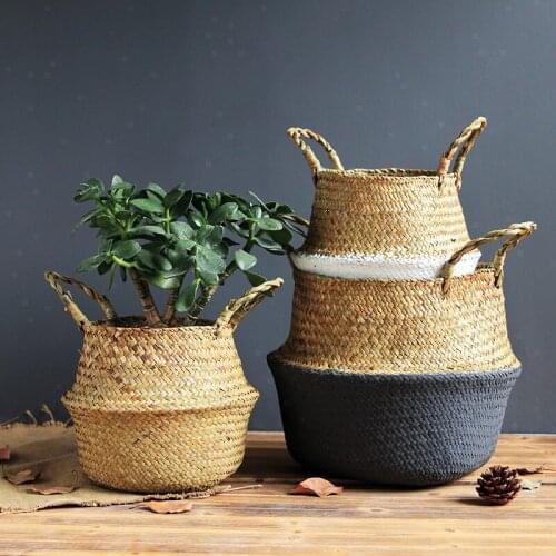32cm Large Seagrass Storage Baskets Hand Woven Flower Pot Laundry Sundries Organizer Rattan Toy Container Home Bathroom Decor