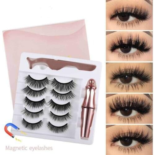 5 Pairs of Magnetic Eyelashes 3D Mink False Eyelashes Magnetic Eyeliner Waterproof Liquid Tweezers Set Long Lasting Makeup Tool