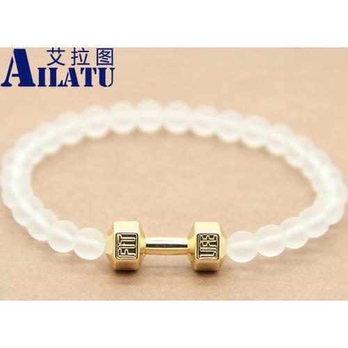 Ailatu New Arrival 6mm frosted Glass Beads & Alloy Fitness Dumbbell Bracelet Mens Energy GYM Barbell Jewelry