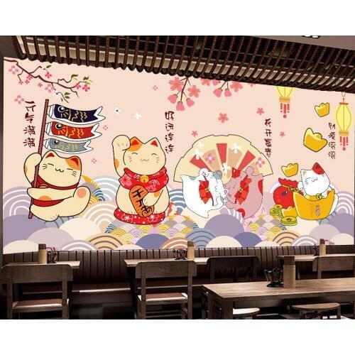 Free Shipping Hand-Painted Lucky Cat Japanese Sushi Japanese Restaurant Sushi Shop Wall Custom 3D Photo Wallpaper Mural
