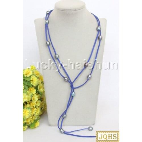 JQHS Long 60" 13mm Baroque peacock black freshwater pearls blue leather necklace j11974